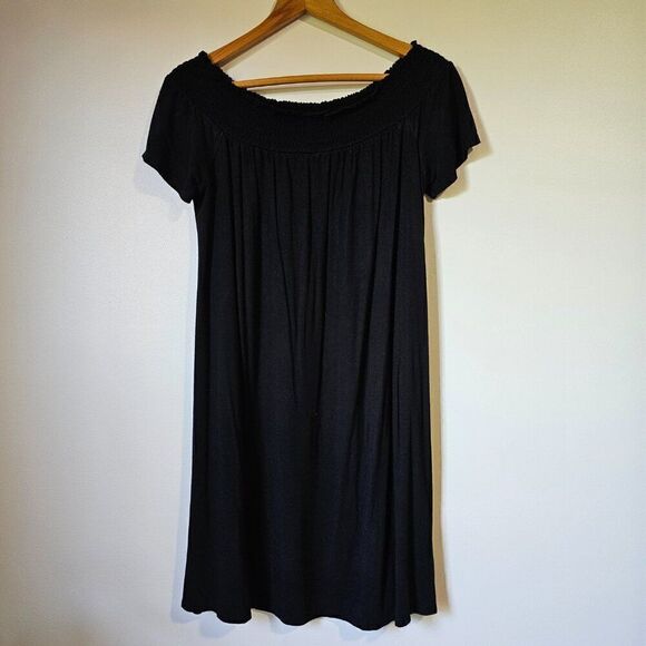 EUC SO BLACK PERFECTLY SOFT OFF SHOULDER ELASTIC SWING STYLE SHORT DRESS SIZE L - Picture 9 of 15